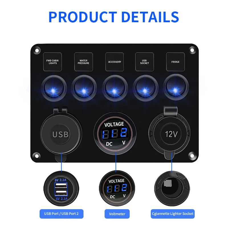 5 Gang 8 Gang Button Rocker Toggle Switch Panel Usb Control For Car Truck Marine Boat RV ATV UTV Camper Caravan Circuit Breaker